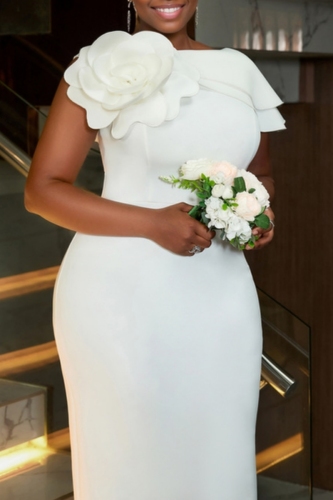 White Formal Evening Party Prom Wedding Guest 3D Flowers Decor O Neck Slit One Step Skirt Bodycon Maxi Dresses