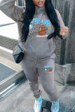 Grey Casual Sportwear Graphcis Letter Print Draw String Pocket Long Sleeve Hooded Sweatshirt And Pants Two Pieces Jogger Sets