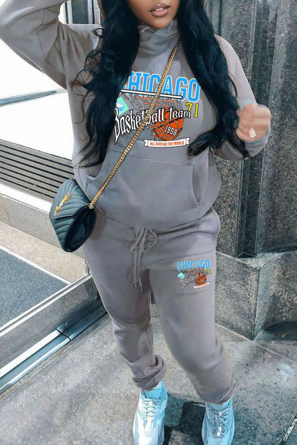 Grey Casual Sportwear Graphcis Letter Print Draw String Pocket Long Sleeve Hooded Sweatshirt And Pants Two Pieces Jogger Sets