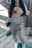 Grey Sportwear Casual Letter Cock Print Hooded Long Sleeve Sweatshirt and Sweatpants Fall Winter Two Pieces Tracksuit Sets