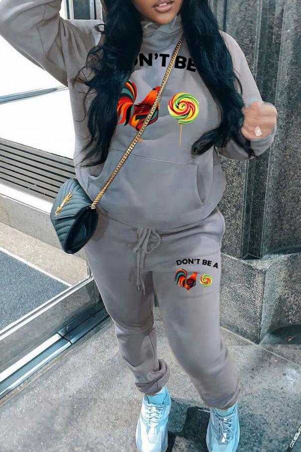 Grey Sportwear Casual Letter Cock Print Hooded Long Sleeve Sweatshirt and Sweatpants Fall Winter Two Pieces Tracksuit Sets