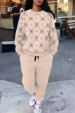 Light Khaki Casual Plaid Ombre Print Pocket Lace Up O Neck Long Sleeve Sweatshirt And Pants Sportwear Two Pieces Jogger Sets