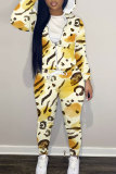 Off White Casual Outing Sportwear Floral Print Zipper Hooded Long Sleeve Sweatshirt And Pants Two Pieces Jogger Sets