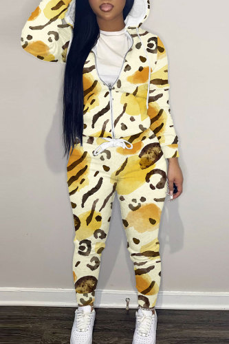 Off White Casual Outing Sportwear Floral Print Zipper Hooded Long Sleeve Sweatshirt And Pants Two Pieces Jogger Sets