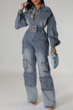 Blue Casual Turndown Collar Long Sleeve Pocket Buckle With Belt Wide Leg Denim Cargo Jumpsuits