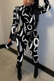 Black Casual Outing Graphics Print Basic Half A Turtleneck Long Sleeve Skinny Jumpsuits
