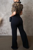 Leopard Formal Office Sequin Evening Party Gown V Neck Puff Sleeve Fitted Jumpsuits