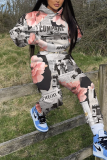 Beige Casual Sportwear Graphcis Letter Print Draw String Pocket Long Sleeve Hooded Sweatshirt And Pants Two Pieces Jogger Sets