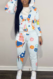 Off White Casual Outing Sportwear Floral Print Zipper Hooded Long Sleeve Sweatshirt And Pants Two Pieces Jogger Sets