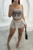 Khaki Casual Outing Sportwear Hot Digital Letter Print U Neck Sleeveless Tank Crop Tops And Pleated Mini Skirt Two Pieces Dress Sets