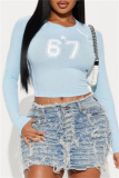 Navy Blue Casual Outing Digital Print Basic O Neck Long Sleeve Crop Tops