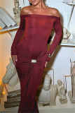 Brown Formal Evening Party Prom Casual Off Shoulder Long Sleeve Front Knotted Long Bodycon Maxi Dresses