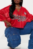 Red Casual Outing Sportwear Lace Letter Print Patchwork V Neck Half Sleeve Oversize Crop T-Shirts