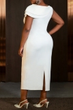 White Formal Evening Party Prom Wedding Guest 3D Flowers Decor O Neck Slit One Step Skirt Bodycon Maxi Dresses