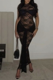 Black Formal Evening Party Prom Lace Flowear Patchwork See-Through O Neck Front Belt Long Bodycon Maxi Dresses