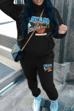 Grey Casual Sportwear Graphcis Letter Print Draw String Pocket Long Sleeve Hooded Sweatshirt And Pants Two Pieces Jogger Sets