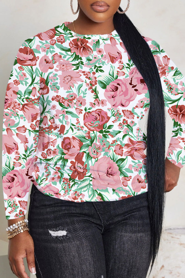 White Gray Casual Outing Floral Print O Neck Long Sleeve Fall Winter Sweater