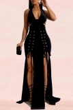Black Formal Evening Party Prom Sleeveless Backless Floor Length Front Slit Belted Long Halter Maxi Dresses