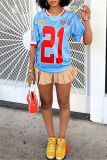 Blue Casual Outing Sportwear Digital Letter Print Patchwork V Neck Half Sleeve Oversize T-Shirts