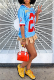 Blue Casual Outing Sportwear Digital Letter Print Patchwork V Neck Half Sleeve Oversize T-Shirts