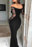 Black Lace Flower Print Patchwork Backless Off Shoulder Floor Length Long Formal Evening Party Prom Bodycon Maxi Dresses