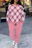 Light Khaki Casual Plaid Ombre Print Pocket Lace Up O Neck Long Sleeve Sweatshirt And Pants Sportwear Two Pieces Jogger Sets