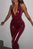 Red Sleeveless Backless Halter One Piece Bodysuit And Skinny Pants Two Pieces Trouser Sets