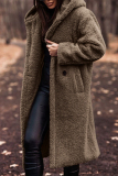 Brown Street Pocket Hooded Collar Long Sleeve Fall Winter Longline Woolen Coat