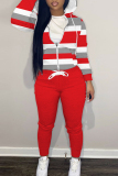Rose Red Casual Sportwear Striped Print Zipper Hooded Long Sleeve Jackets And Sweatpants Two Pieces Jogger Sets