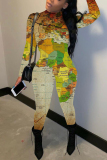 Black Casual Outing Graphics Print Basic Half A Turtleneck Long Sleeve Skinny Jumpsuits