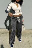 Black Casual Sportwear Draw String Patchwork Zipper Collar Long Sleeve Crop Jackets And Sweatpants Two Pieces Jogger Sets