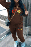 Grey Sportwear Casual Letter Cock Print Hooded Long Sleeve Sweatshirt and Sweatpants Fall Winter Two Pieces Tracksuit Sets