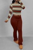 Purple Casual Plaid Stripe Gradient Print O Neck Long Sleeve Crop Tops And Sweatpants Sportwear Two Pieces Jogger Sets