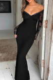Black Lace Flower Print Patchwork Backless Off Shoulder Floor Length Long Formal Evening Party Prom Bodycon Maxi Dresses