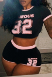 Black Casual Digital Letter Print Patchwork O Neck Short Sleeve Crop T-shirt And Shorts Two Pieces Shorts Sets
