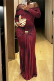Brown Formal Evening Party Prom Casual Off Shoulder Long Sleeve Front Knotted Long Bodycon Maxi Dresses