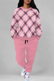 Light Khaki Casual Plaid Ombre Print Pocket Lace Up O Neck Long Sleeve Sweatshirt And Pants Sportwear Two Pieces Jogger Sets