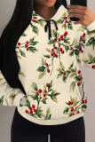 Apricot Casual Fruit Print Long Sleeve Draw String Pocket Fall Winter Hooded Sweatshirt