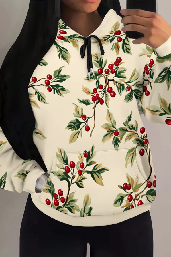 Apricot Casual Fruit Print Long Sleeve Draw String Pocket Fall Winter Hooded Sweatshirt