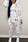 Off White Casual Outing Sportwear Floral Print Zipper Hooded Long Sleeve Sweatshirt And Pants Two Pieces Jogger Sets