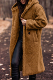 Brown Street Pocket Hooded Collar Long Sleeve Fall Winter Longline Woolen Coat