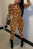 Casual Outing Leopard Print Basic Half A Turtleneck Long Sleeve Skinny Jumpsuits