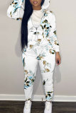 Off White Casual Outing Sportwear Floral Print Zipper Hooded Long Sleeve Sweatshirt And Pants Two Pieces Jogger Sets