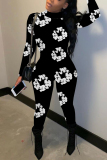 Black Casual Outing Graphics Print Basic Half A Turtleneck Long Sleeve Skinny Jumpsuits