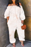 Light Khaki Casual Graphics Print Off Shoulder Long Sleeve Vacation Loose Harem Jumpsuit