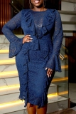 Navy Blue Lace Flower Print See-Through Slit O Neck Lantern Sleeve Ruffle Trim Wrapped Skirt Bodycon Midi Dresses