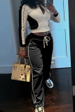 Black Casual Sportwear Draw String Patchwork Zipper Collar Long Sleeve Crop Jackets And Sweatpants Two Pieces Jogger Sets