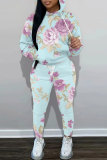 Green Floral Print Long Sleeve Hoodies and Pencil Sweatpants Sportwear Casual Fall Winter Two Pieces Tracksuit Sets