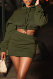 Red Casual Pocket Hooded Long Sleeve Crop Sweatshirt And Mini Skirt Sportwear Two Pieces Jogger Sets