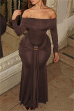 Brown Formal Evening Party Prom Casual Off Shoulder Long Sleeve Front Knotted Long Bodycon Maxi Dresses